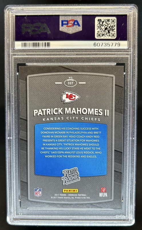 2017 Panini Donruss Patrick Mahomes II RC Rated #327 Chiefs PSA 10 Rookie view 2