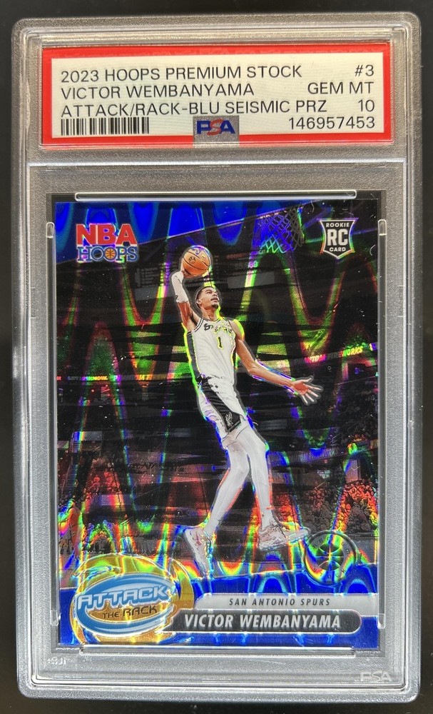 2023-24 Hoops Premium Victor Wembanyama Attack Rack RC Blue Seismic #/99 PSA 10