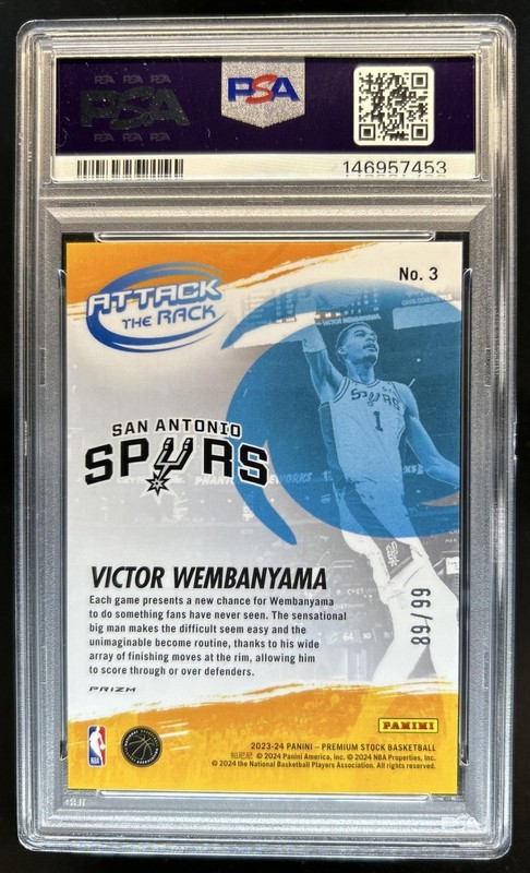 2023-24 Hoops Premium Victor Wembanyama Attack Rack RC Blue Seismic #/99 PSA 10 view 2
