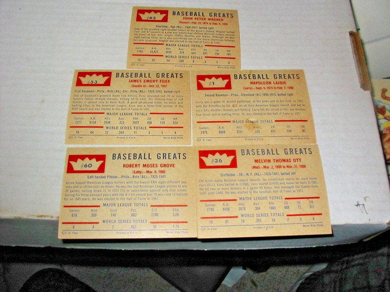 1960 Fleer Baseball Greats 5 Card Lot-Foxx, Ott, Lajoie, Grove, Honus Wagner**** view 2