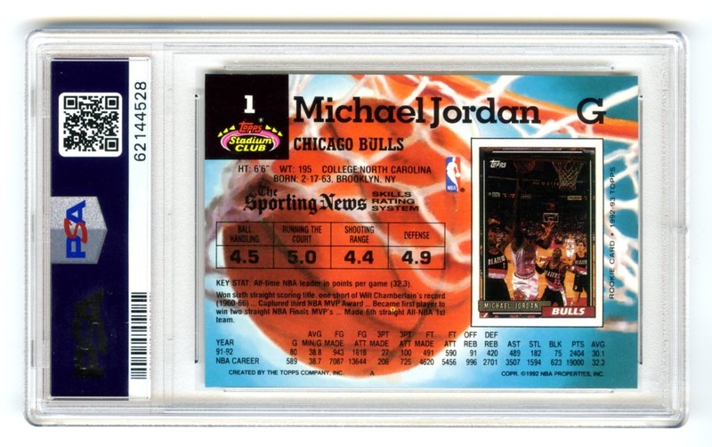 MICHAEL JORDAN~1992 STADIUM CLUB PSA-9 MINT GRADED ICONIC NBA CARD #1 (NEW CASE) view 2