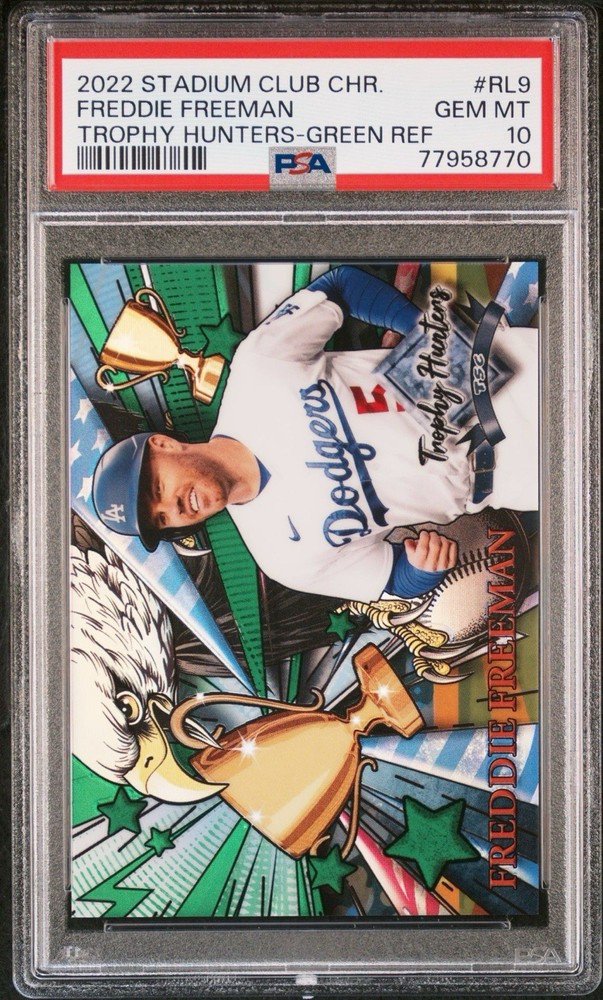 2022 Stadium Club Chr. Trophy Hunters Freddie Freeman Green Refractor /99.PSA 10 view 1