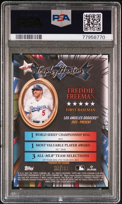 2022 Stadium Club Chr. Trophy Hunters Freddie Freeman Green Refractor /99.PSA 10 view 2
