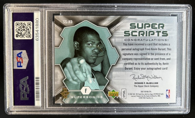 2007-08 SPx Kevin Durant Super Scripts Rookie RC Auto #SS-KD SuperSonics PSA 9 view 2