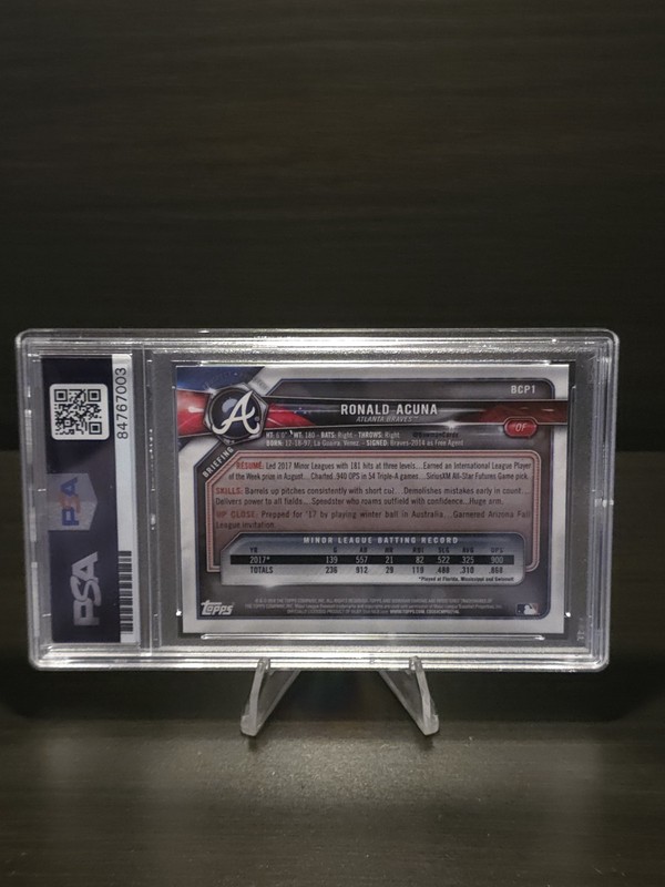 2018 Bowman Chrome bcp1 Ronald Acuna Jr. Rookie PSA/DNA GEM MT 10 Auto Graded view 2