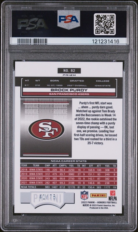 2022 PANINI HONORS #82 BROCK PURDY /75 (RC) PSA 10 GEM MT 49ERS view 2