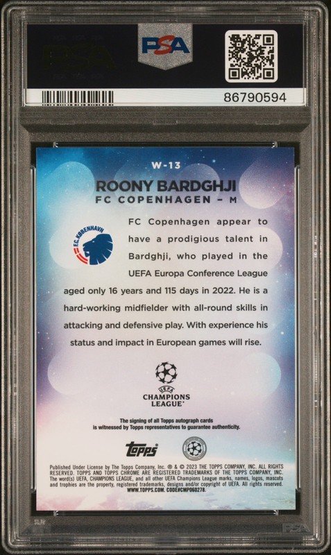2022 Topps Chrome UEFA UCC Roony Bardghji #W-13 Wonderkids Auto PSA 10 view 2