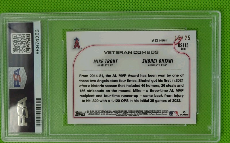 PSA 10! 2022 Topps Mini Veteran Combos Mike Trout- Shohei Ohtani #US115 Pink /25 view 2