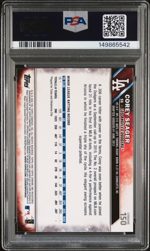 2016 TOPPS CHROME PINK REFRACTOR #150 COREY SEAGER ROOKIE RC PSA 9 view 2