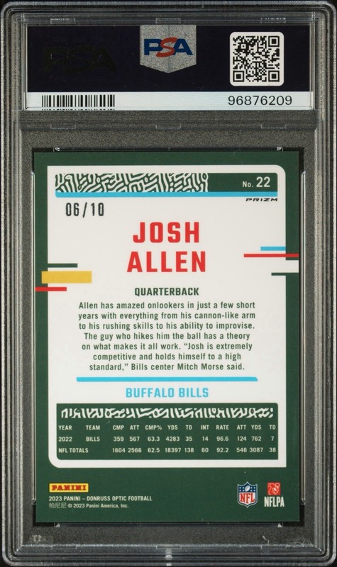 2023 Panini Donruss Optic Football Josh Allen Gold Prizm /10 PSA 9 Buffalo Bills view 2