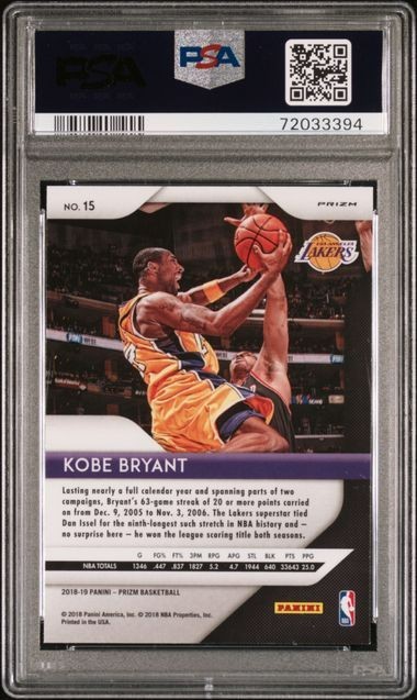 Kobe Bryant 2018-19 Panini Prizm #15 Fast Break SP PSA 9 Mint Legend Lakers HOF view 2