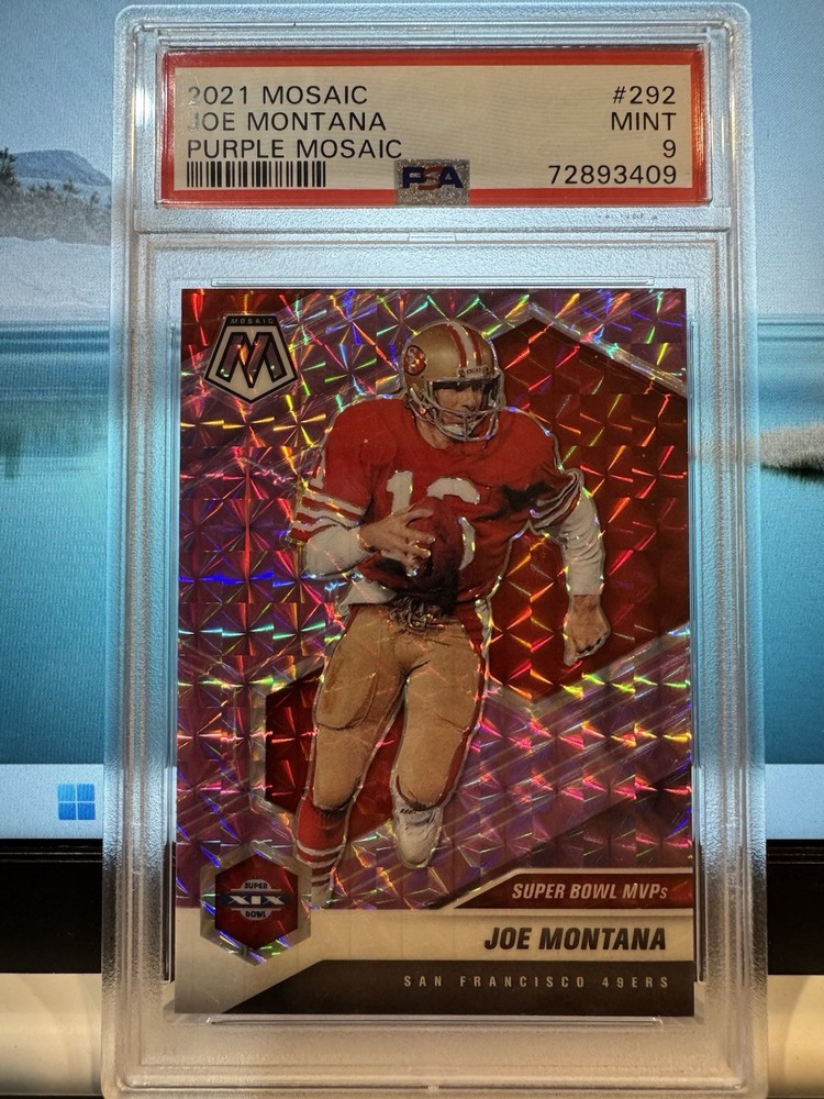 2021 Panini Mosaic Joe Montana PSA 9 MINT 18/49 #292 Purple Mosaic Prizm