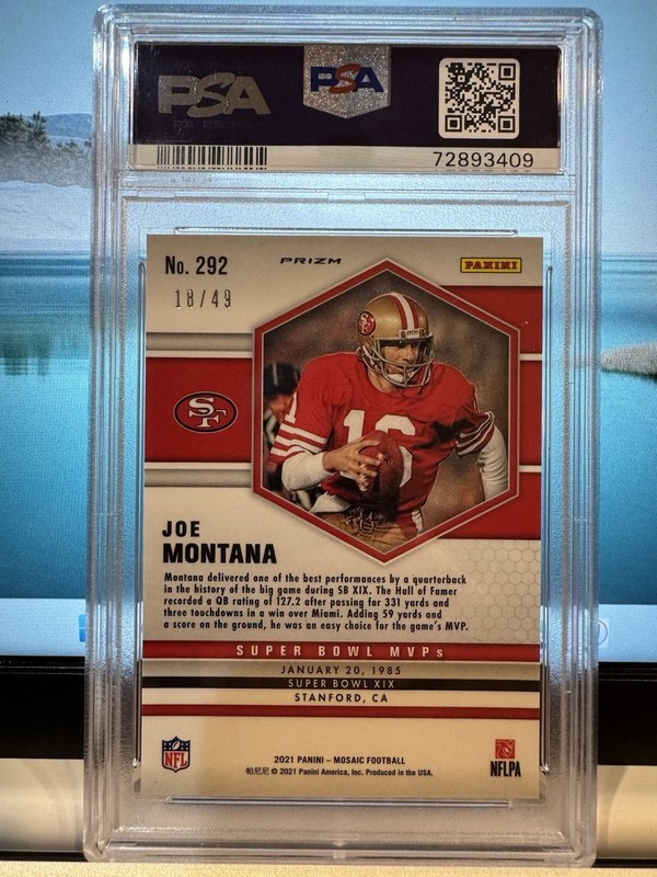 2021 Panini Mosaic Joe Montana PSA 9 MINT 18/49 #292 Purple Mosaic Prizm view 2