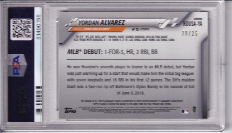 2020 Topps Chrome Update YORDAN ALVAREZ #/25 Orange RC Auto PSA 10/10 Astros view 2