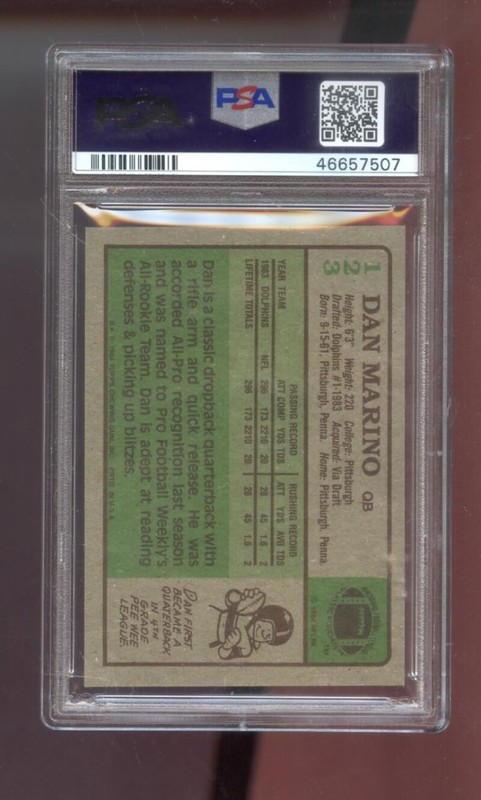 1984 Topps #123 Dan Marino RC ROOKIE RC MINT PSA 9 Graded NFL Football Card view 2