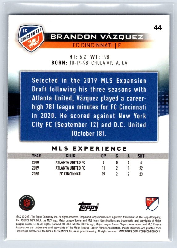 2021 Topps Chrome MLS Sapphire Edition Brandon Vazquez #44 Atlanta United FC view 2