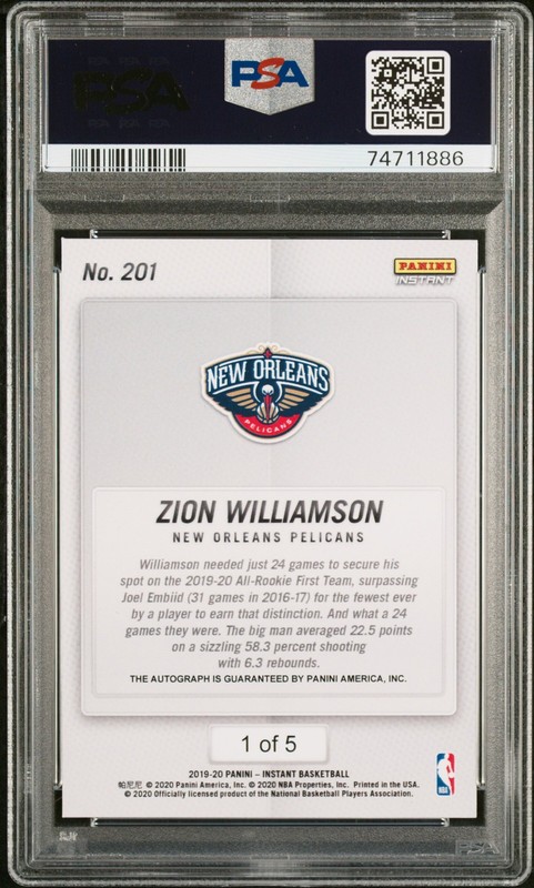 PSA 8 Zion Williamson 2019 Panini Instant #201 Auto Orange #1 of 5 Rookie Card view 2