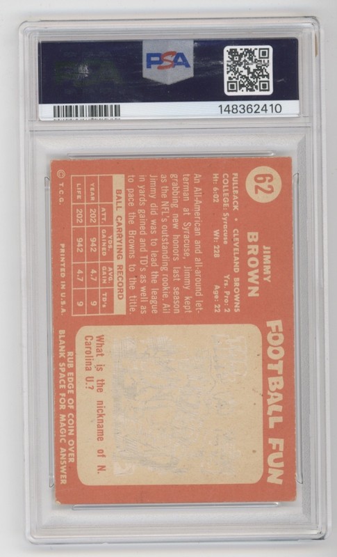 PSA 3 VG 1958 Topps Browns Jim Brown Rookie RC Graded Slabbed NICE Card #62 view 2