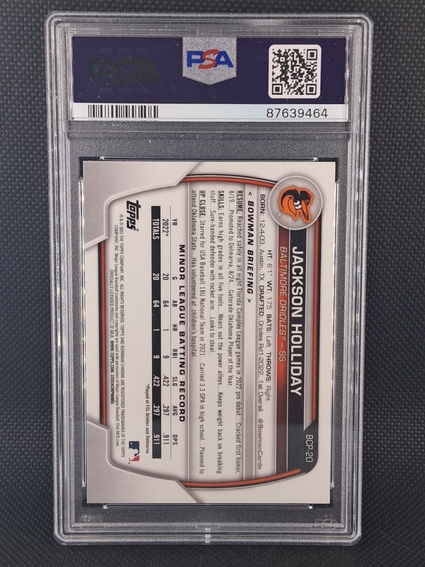 2023 Bowman Jackson Holliday Chrome Prospects BCP-20 PSA 10 Gem Mint Orioles  view 2