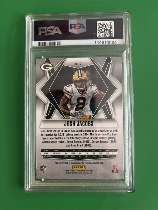 2025 Panini Phoenix - Josh Jacobs #5 Green Autographs /25 (AU) PSA 10 view 2