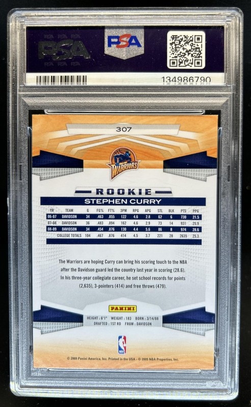 2009-10 Panini Stephen Curry Rookie RC #307 Warriors PSA 8 view 2