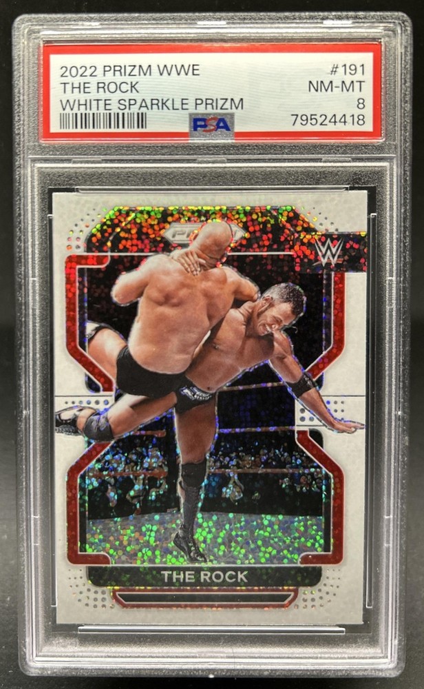 2022 Panini Prizm WWE The Rock White Sparkle #191 PSA 8