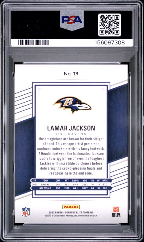 2022 Donruss Elite Lamar Jackson Purple 89/99 PSA 10 Gem Mint view 2