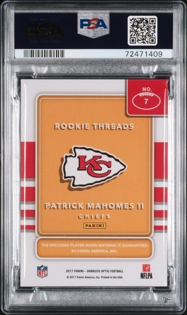 Patrick Mahomes II 2017 Panini Donruss Optic Football #7 RC Rookie Threads PSA 9 view 2