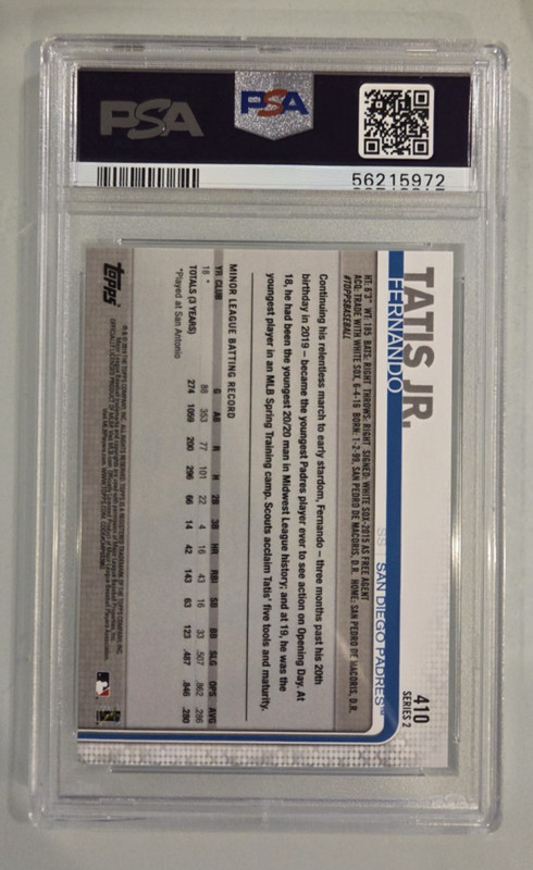 2019 Topps Fernando Tatis Jr. San Diego Padres RC Rookie #410 PSA 10 GEM MINT view 2