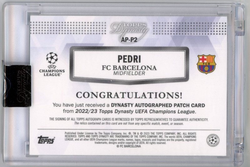 Pedri 2022-23 Topps Dynasty UCL Patch Auto /10 #AP-P2 Match Worn view 2