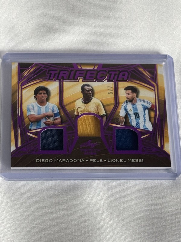 Leaf Trifecta Game Used Memorabilia Of Lionel Messi Diego Maradona Pele /7 view 2