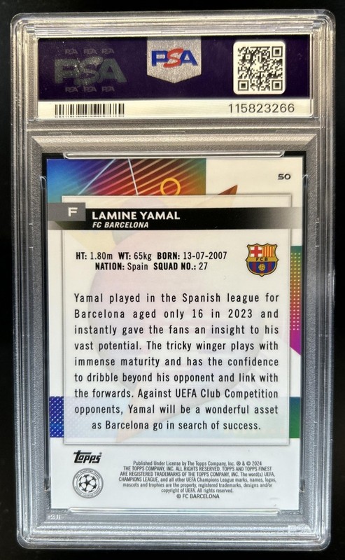 2023-24 Topps Finest UEFA Lamine Yamal RC Speckle Green #/125 Barcelona PSA 9 view 2