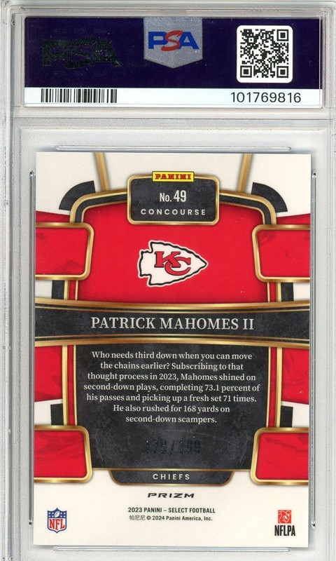 2023 Panini Select #49 Patrick Mahomes Blue Prizm 179/199 PSA 9 view 2