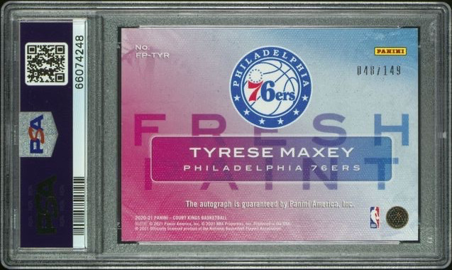 Tyrese Maxey 2020-21 Panini Court Kings Fresh Paint Auto /149 PSA 10 Rookie RC view 2