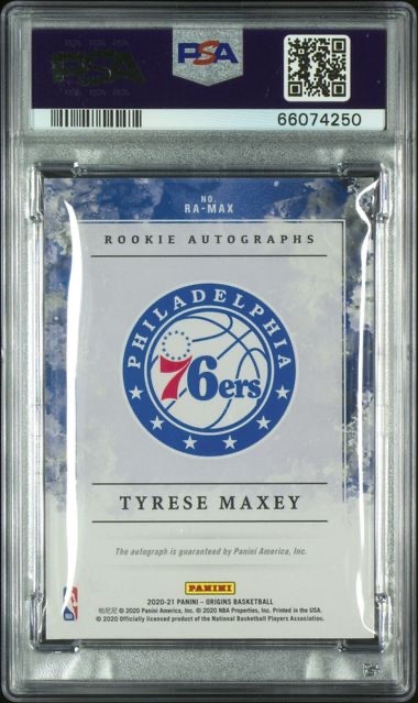 Tyrese Maxey 2020 Panini Origins Auto PSA 10 #RA-MAX 76ers Rookie RC view 2