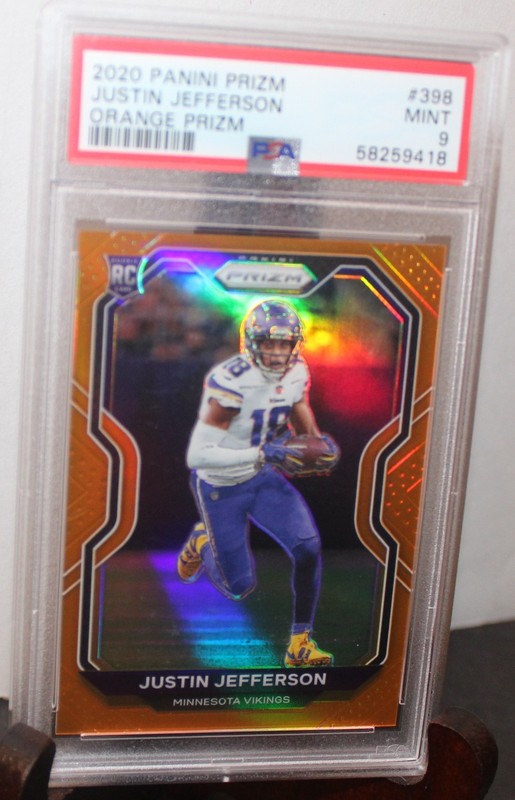 2020 Panini Prizm - Rookie Justin Jefferson #398 Orange Prizm 047/249 (RC) PSA 9 view 2