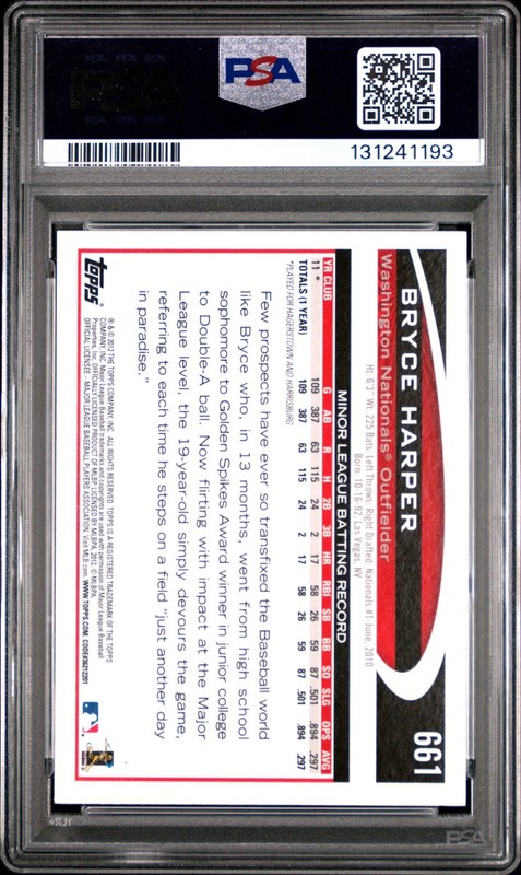 2012 Topps #661 Bryce Harper Rookie Card PSA 9 view 2