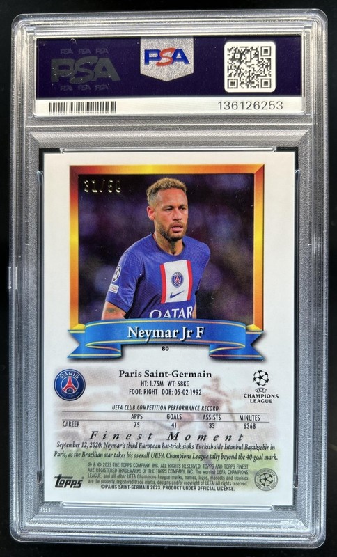 2022-23 Topps Finest Flashbacks UEFA Neymar Jr Gold #/50 PSG PSA 10 GEM MINT view 2