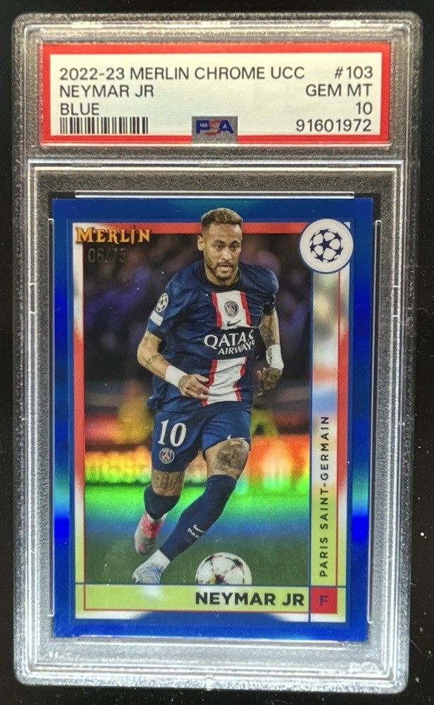 2022-23 Topps Merlin Chrome UEFA Neymar Jr Blue Refractor #/75 PSG PSA 10