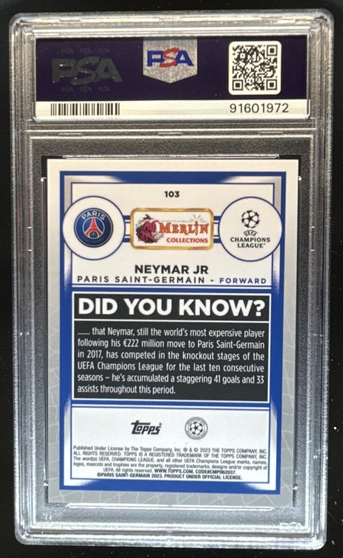 2022-23 Topps Merlin Chrome UEFA Neymar Jr Blue Refractor #/75 PSG PSA 10 view 2