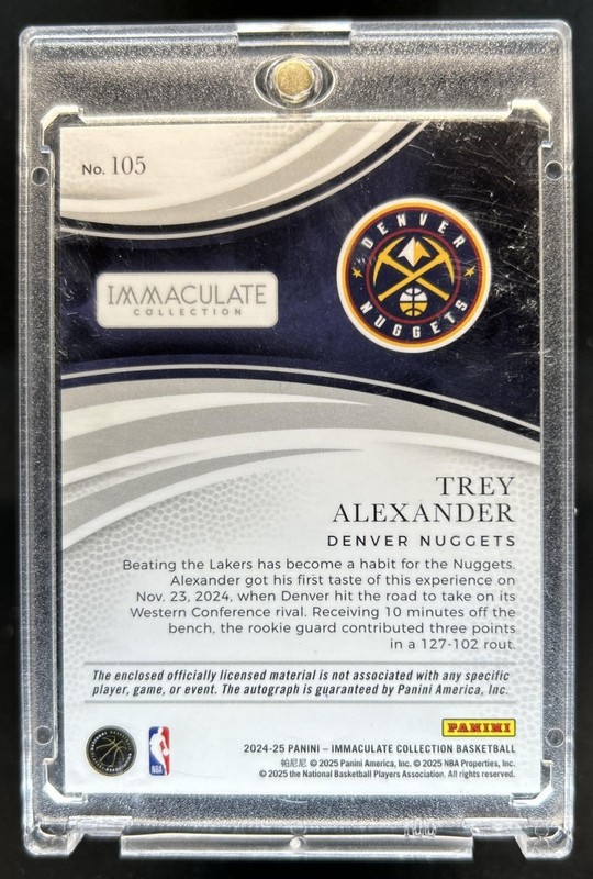 2024-25 Panini Immaculate Trey Alexander Rookie Logoman Auto Autograph RC #1/1 view 2