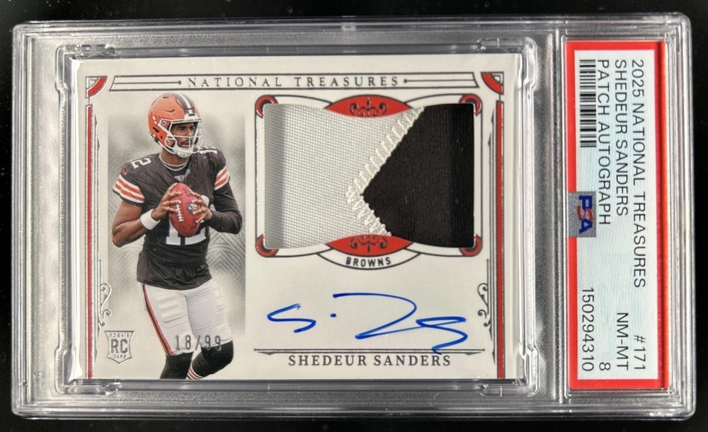 2025 Panini National Treasures Shedeur Sanders Rookie Patch Auto RC #/99 PSA 8