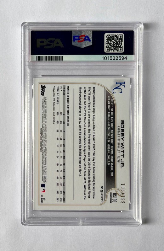 2022 Topps Update Series Bobby Witt Jr. RC Red Foil # /199 Rookie PSA 9 MINT view 2