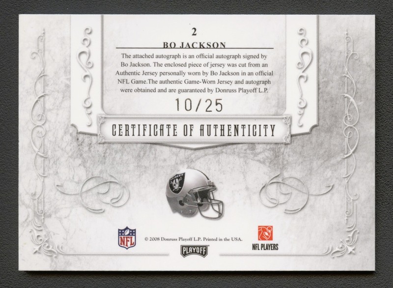 BO JACKSON 2008 NATIONAL TREASURES CHAMPIONS PATCH AUTO AUTOGRAPH /25 GAME-USED view 2