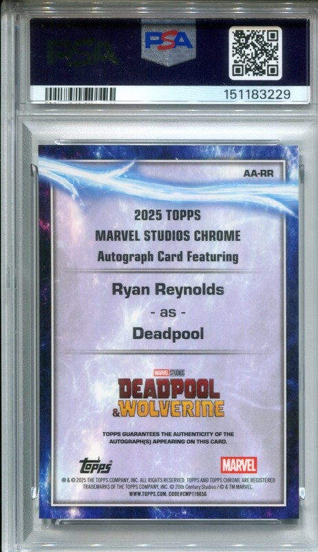 2025 Topps Chrome Marvel Studios Ryan Reynolds as Deadpool Sapphire Auto PSA 10 view 2