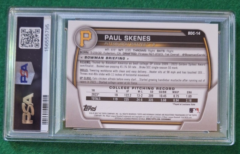 2023 Bowman Draft Chrome Paul Skenes PSA 8 #BDC-14 Pirates view 2