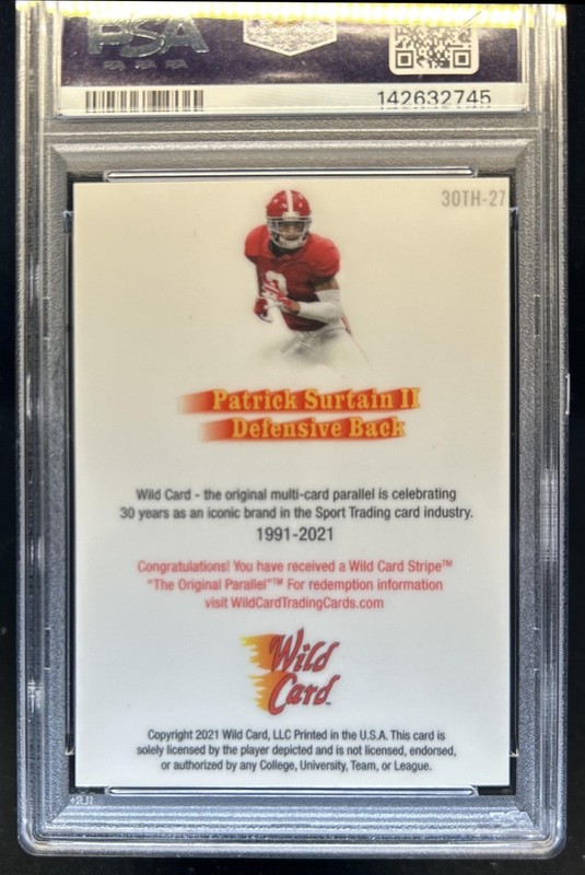 2021 Wild Card 30th Anniversary Patrick Surtain II 1000 Stripe #1/1 PSA 9 MINT view 2