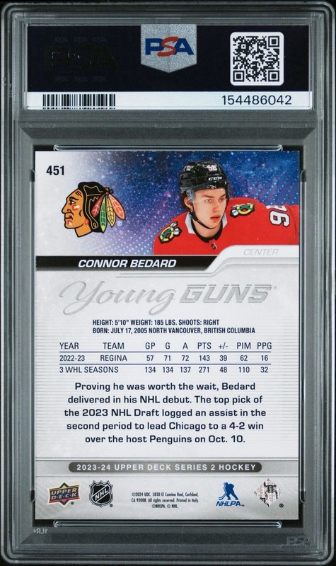2023 Upper Deck CONNOR BEDARD Young Guns Signed PSA Auto 10 Rookie Card RC #451 view 2