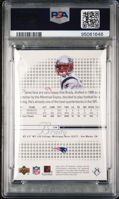 2002 SP Authentic Tom Brady #1 PSA 10 Patriots GOAT HOF Low Pop view 2