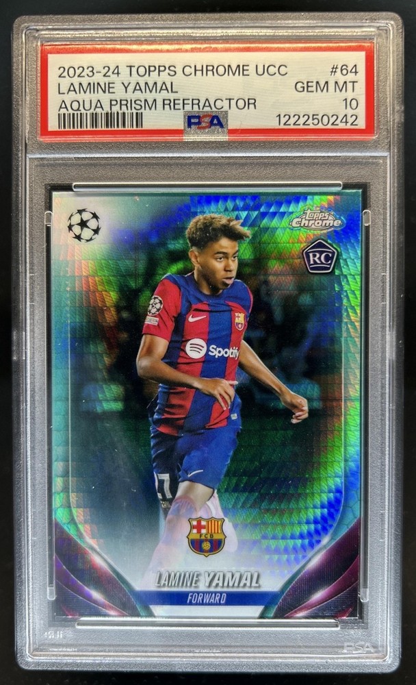 2023-24 Topps Chrome UEFA Lamine Yamal RC Aqua Prism Refractor Rookie #64 PSA 10